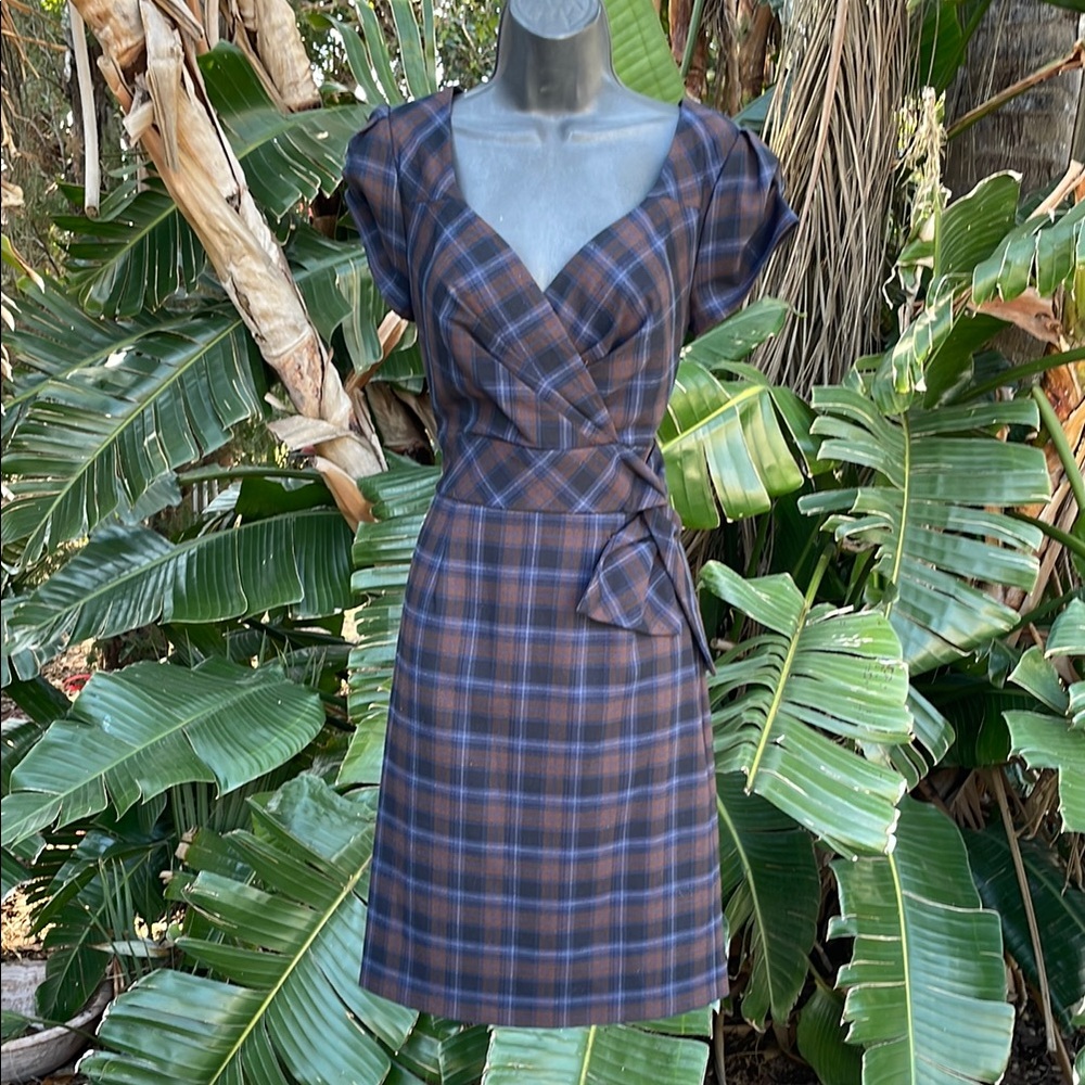 plaid wrapped dress with side bow